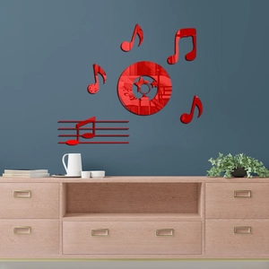 Red acrylic musical notes mirror wall stickers set with vinyl record and staff design