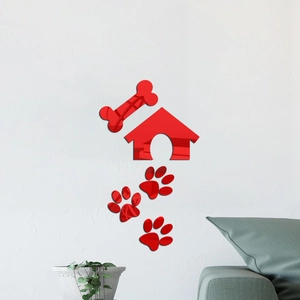 Détail de stickers muraux miroir acrylique niche et pattes rouges sur mur blanc