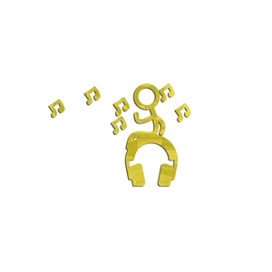 Close-up of golden mirror musical wall sticker featuring notes and person with headphones