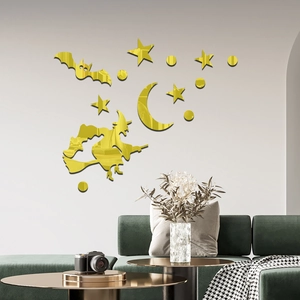 Adesivi murali a specchio per Halloween con mago dorato, luna e stelle moderne