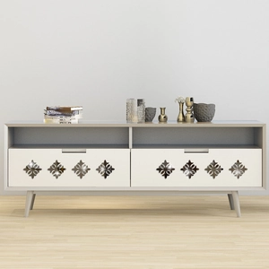 Modern white and gray TV stand with two drawers and mirrored floral corner accents