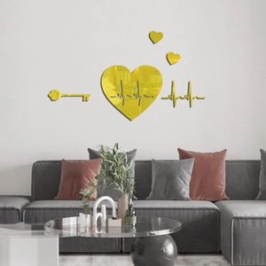 Golden acrylic mirror heart wall stickers set with heartbeat lines for living room decor