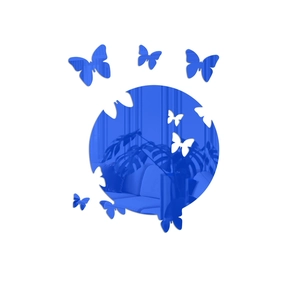Detailed view of blue mirror acrylic wall decals with round and butterfly shapes