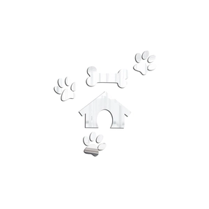 Vue détaillée des stickers muraux miroir argenté avec niche et pattes de chien