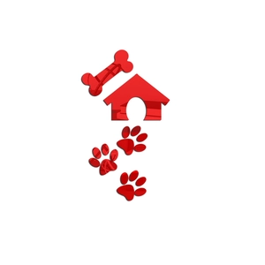 Détail de stickers muraux miroir en acrylique rouge : niche pour chien, os et empreintes