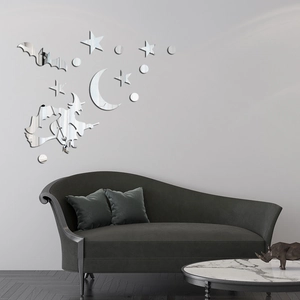 Adesivo da Parete in Acrilico a Specchio Strega di Halloween 3D DIY Pipistrelli Rimovibili Luna Stelle Decalcomania Decorazione
