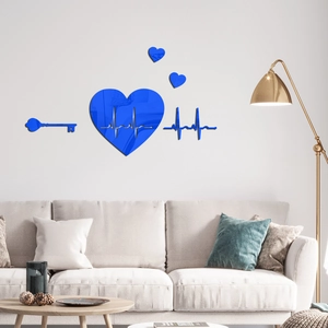 Blue 3D mirror wall sticker set with heart, key and heartbeat waveform on a beige wall