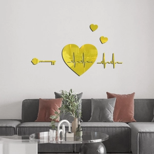 Golden acrylic mirror wall stickers with heart and key designs for modern living room decor