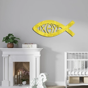 Close-up of golden acrylic mirror Ichthys fish wall sticker in a modern living room