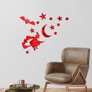 Adesivi murali 3D in acrilico a specchio rosso con strega e luna per decorazioni di Halloween
