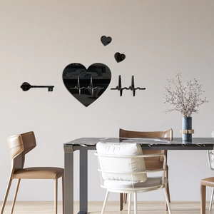 Black acrylic heart mirror wall stickers with heartbeat lines for living room decor