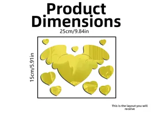 Golden 3D acrylic mirror wall stickers showing wing heart and mini hearts set dimensions