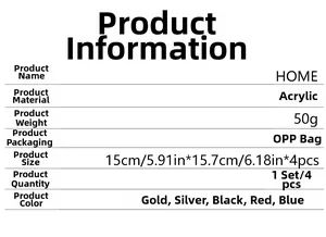 Detailed spec sheet for HOME acrylic mirror wall sticker set with size and color data