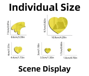Detailed size chart for acrylic 3D mirror wall decals showing various heart dimensions