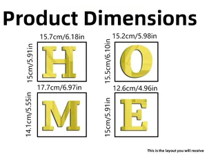 Detailed dimensions of gold HOME mirror wall stickers in centimeters and inches