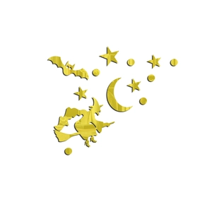 Dettagli di adesivi murali specchiati dorati in acrilico con strega, luna e stelle