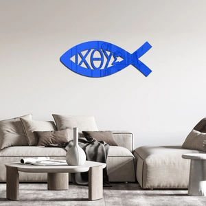 Modern bright blue acrylic mirror fish wall sticker in a minimalist living room