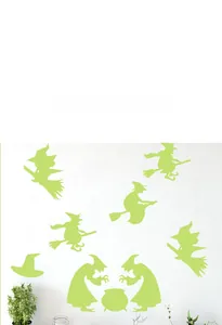 Detailed view of glow-in-the-dark Halloween witch silhouettes and magic hat wall stickers