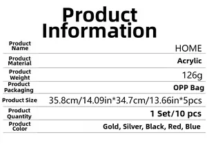Detailed acrylic wall sticker specification chart for HOME feather mirror decals
