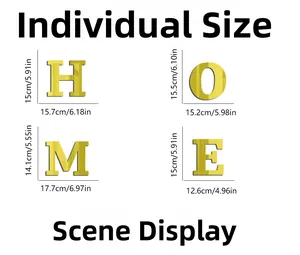 Detailed size guide for HOME mirror wall stickers with height and width in cm and inches