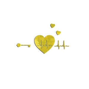 Detailed close-up of gold mirror heart and key wall stickers with heartbeat line design