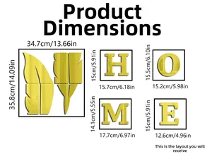 Size chart showing exact dimensions of gold mirror HOME wall decals and feather art pieces