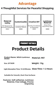 Detailed technical specifications for Halloween glowing witch wall sticker with PET material