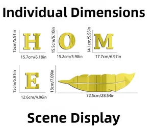 Detailed dimensions of gold feather and HOME mirror wall stickers in cm and inches