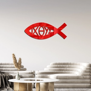 Red acrylic fish wall decor featuring Ichthys symbol displayed in a modern living room