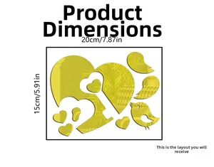 Layout dimensions and size specifications for bird and heart mirror wall stickers