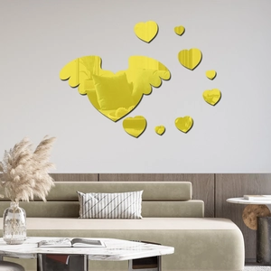 3D yellow acrylic mirror wall stickers with winged heart and small hearts for home decor