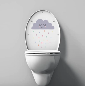 Detail of waterproof PVC toilet lid sticker with purple smiling cloud and colorful raindrops