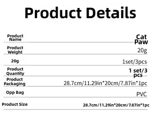 Specifications of PVC cat paw toilet stickers 3-pack showing sizes and material details