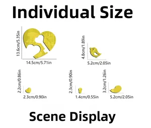 Detailed dimensions of acrylic mirror bird and heart wall stickers set in gold