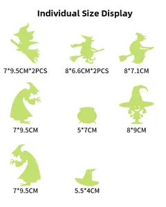 Size specifications for Halloween luminous witch wall stickers with individual measurements