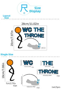 Size chart showing 28x20cm waterproof funny toilet stickers with WC throne lettering