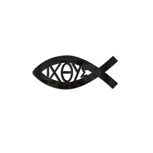 Detail of mirrored Ichthys fish wall sticker with Greek IXOYE lettering for home decor