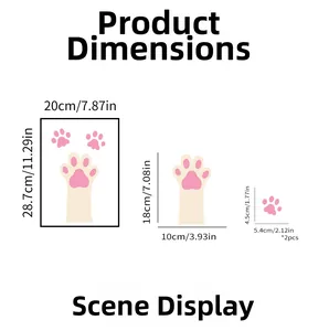 Detailed size chart for cute cat paw toilet stickers with metric and imperial measurements