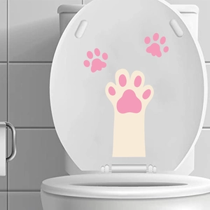 Cute pink cat paw waterproof toilet stickers set on white lid with minimalist bathroom tiles