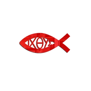 Macro shot of red mirrored acrylic fish wall decal with etched Greek Ichthys symbol