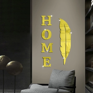 3D gold mirror acrylic HOME wall sticker with feather design for modern living room decor