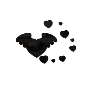 Detailed set of black 3D acrylic mirror wall stickers with heart and angel wing designs