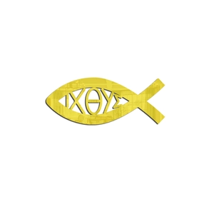 Detailed view of golden mirror acrylic fish wall sticker with Greek IXTHYS engraving