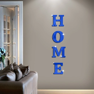 Adesivo da parete 3D a specchio blu HOME in acrilico con trama sfaccettata decorativo