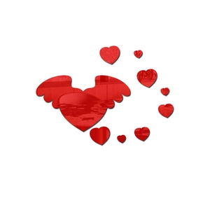 Detailed view of red 3D acrylic mirror wall stickers with heart wing shapes for room decor