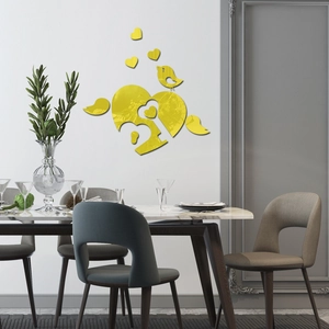 Modern yellow acrylic mirror wall decals with heart and bird motifs for home decor