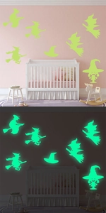 Luminous Halloween witch wall stickers showing day and night glow effect in kids bedroom