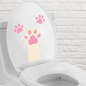 Waterproof cute cat paw toilet seat stickers with pink footprints for home bathroom decor