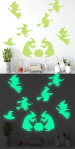 Glow-in-the-dark Halloween wizard stickers set for wall decoration in day and night views