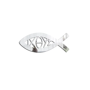 Detail of silver acrylic mirror wall sticker featuring Ichthys fish and Greek letters